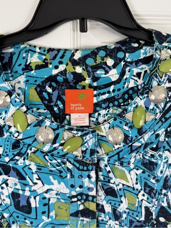 Hearts of Palm Bright Blue Patterned Beaded  Neck Jacket Blazer Size 8 - Picture 2 of 6